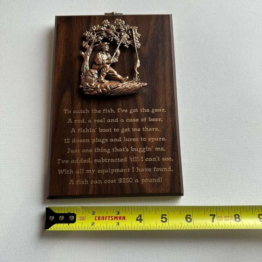 VTG 3D‎ Sculpture Metal Fisherman Wooden Wall Plaque Canada Made (8.5x5.5 in)